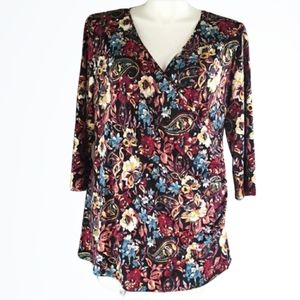 Chenault Colorful Gold Leaf Floral Wrap 3/4 Sleeved Long Blouse Size 26/28 NWT